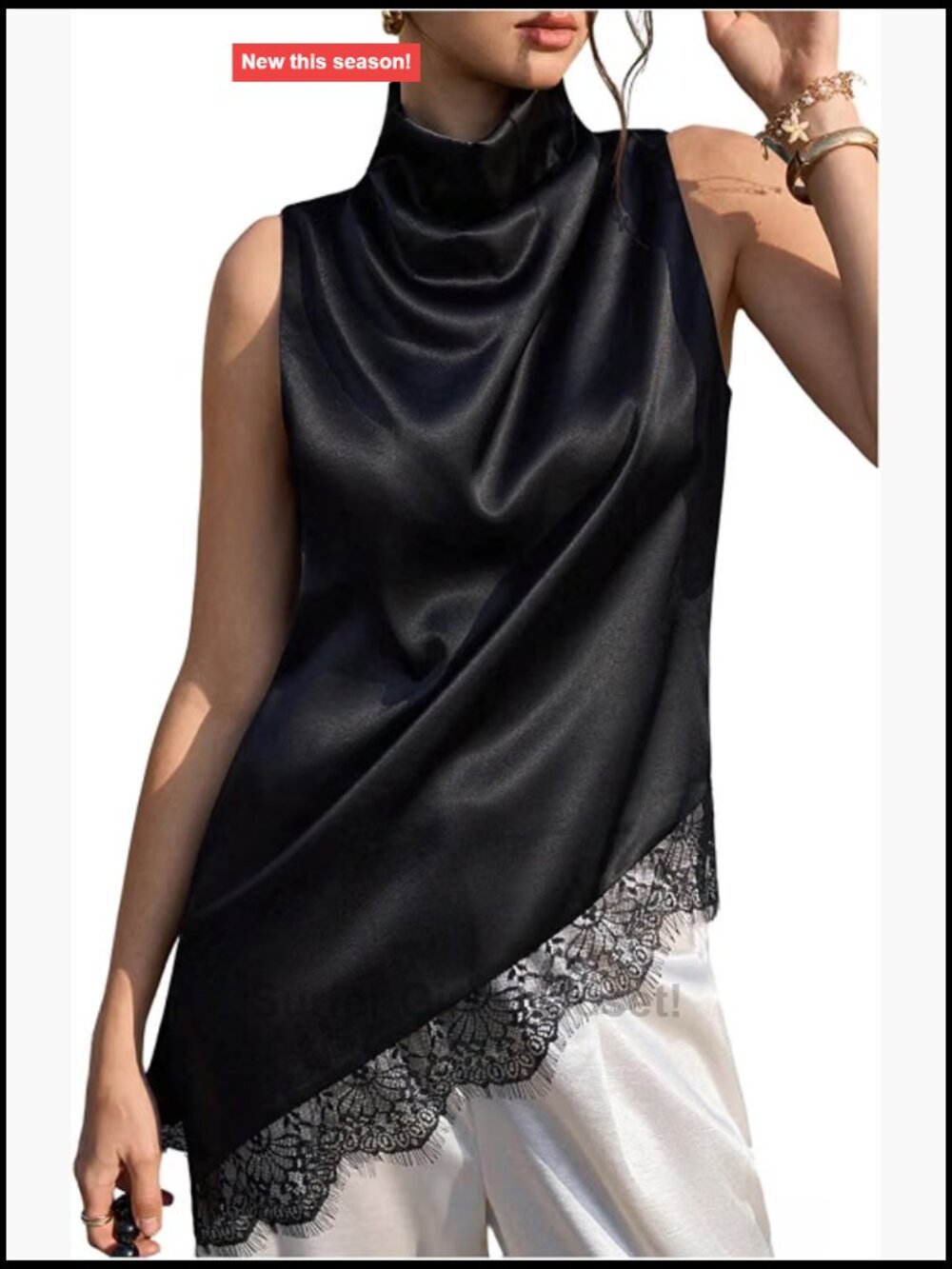 Women's Satin Sleeveless Cowl Neck Lace Trim Tank Top Going Out